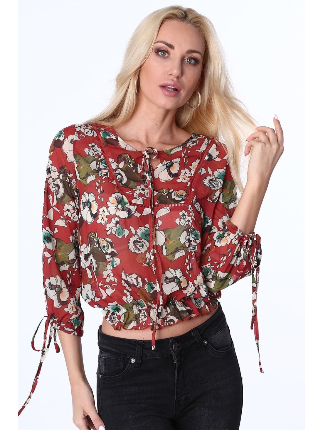 Red thin blouse with flowers MP28546 - Online store - Boutique